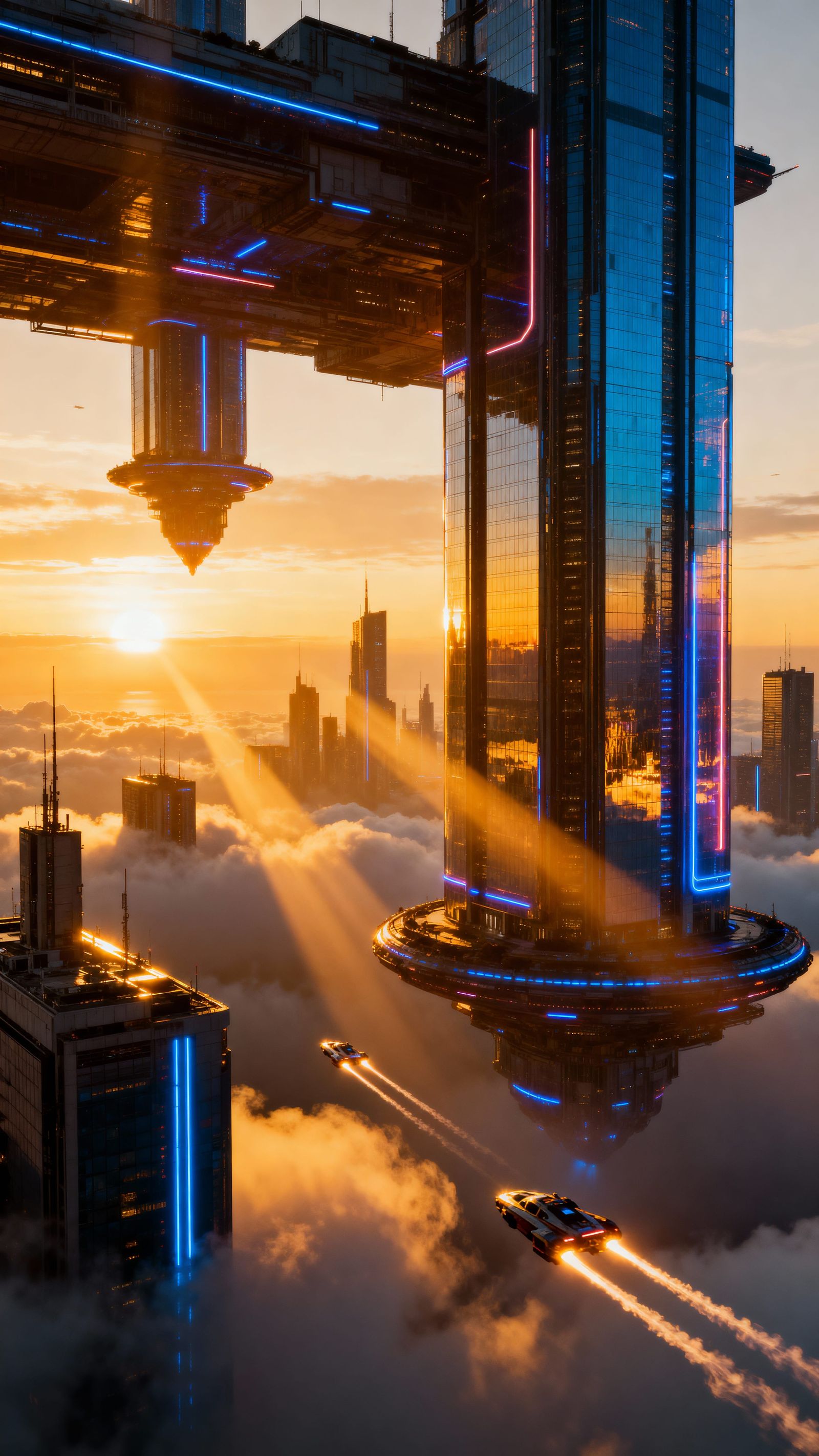 Glowing Futuristic City Above Clouds at Sunset