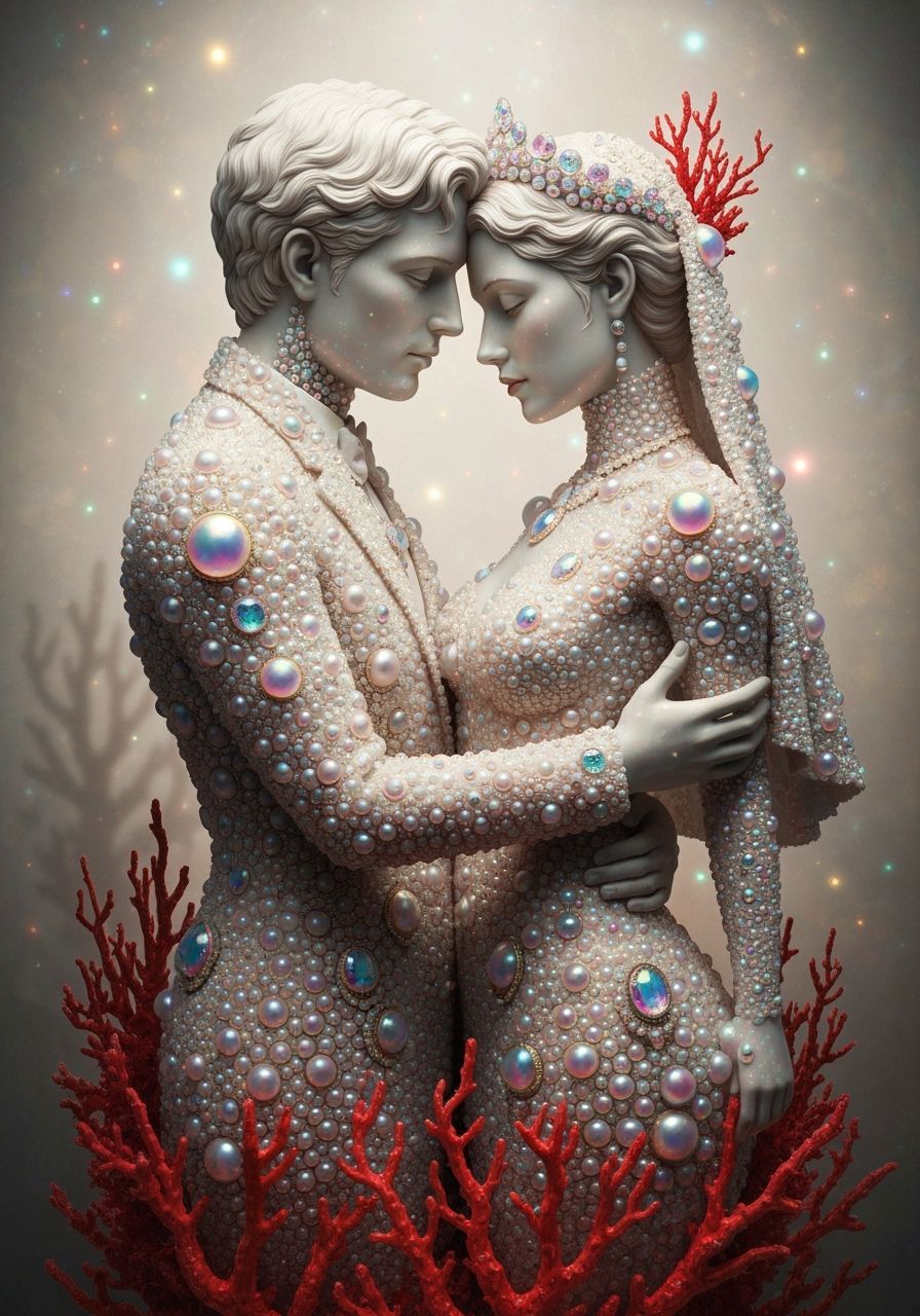 Surreal Embracing Couple Sculpture in Rainbow Pearls