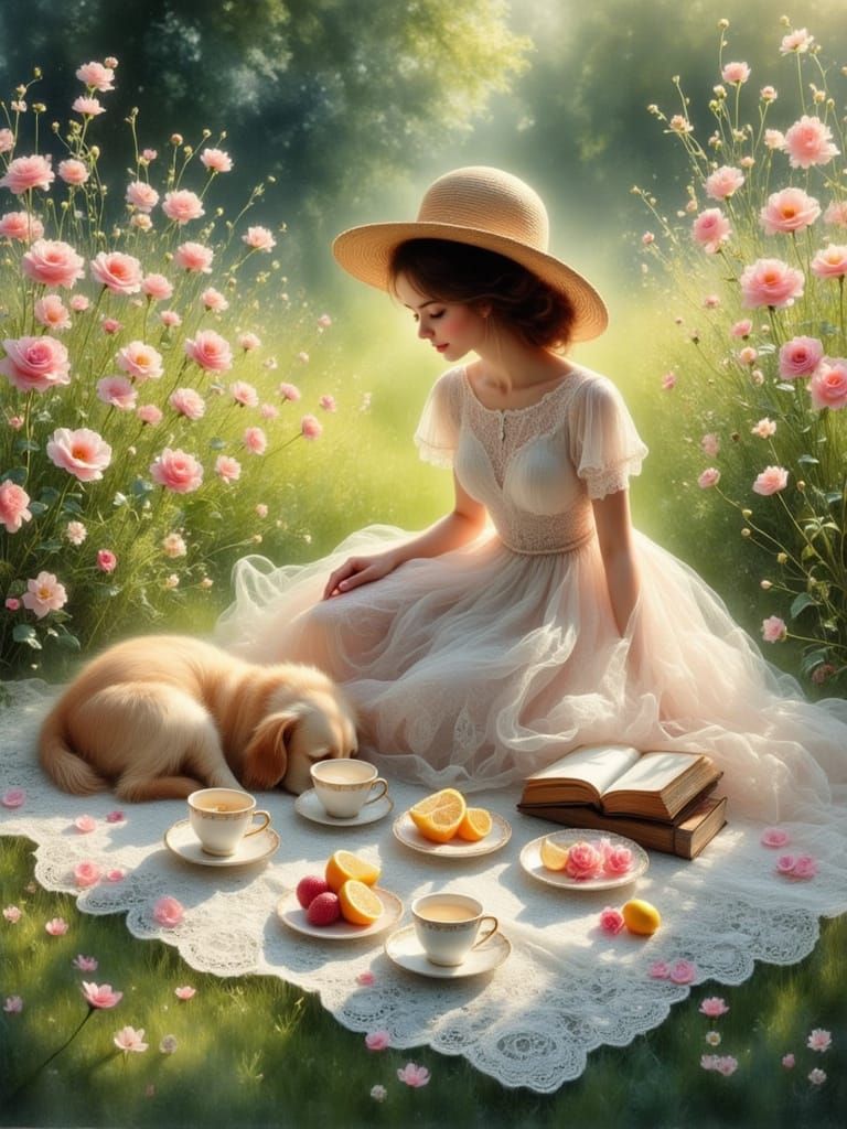 Impressionistic Garden Picnic with Golden Retriever