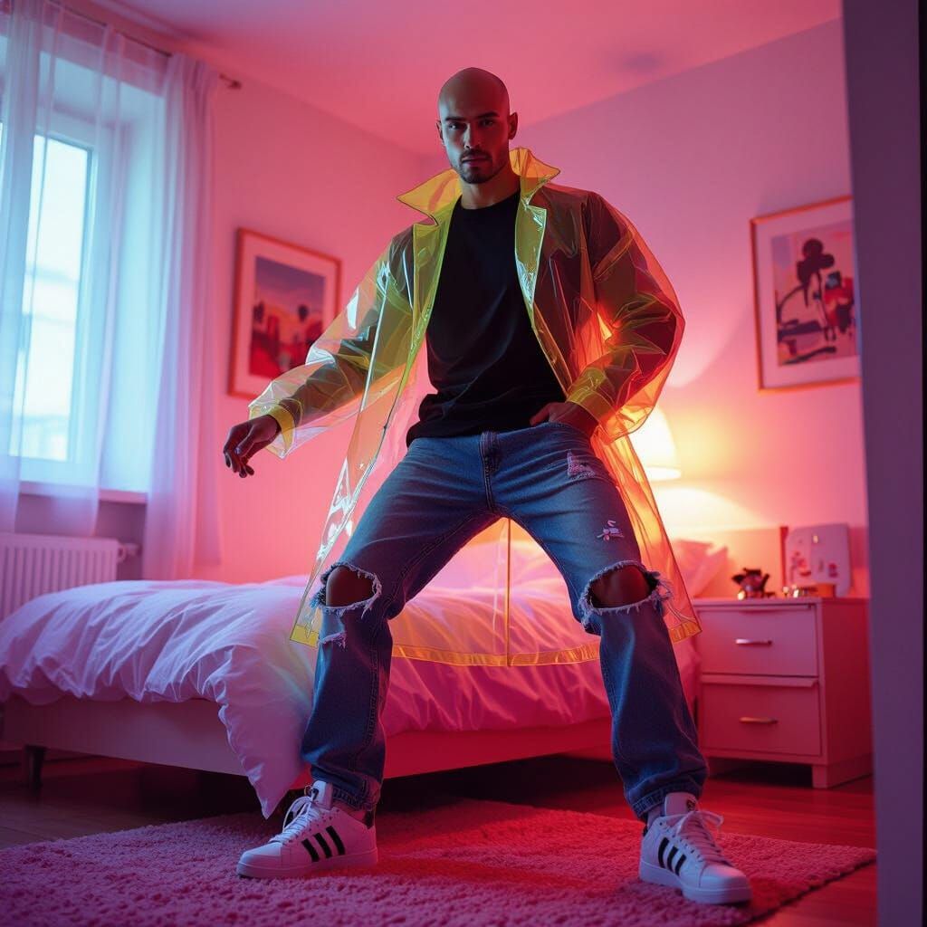 Bald Model in Urban Bedroom, Photorealistic Style
