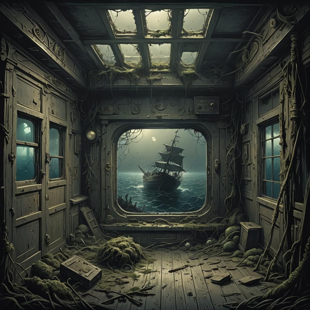 Sunken Ship Room with Static TV in Horror Style