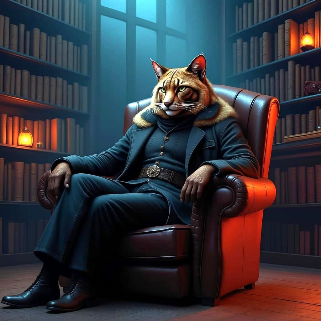 Anthropomorphic Cougar Storyteller in Dim Library