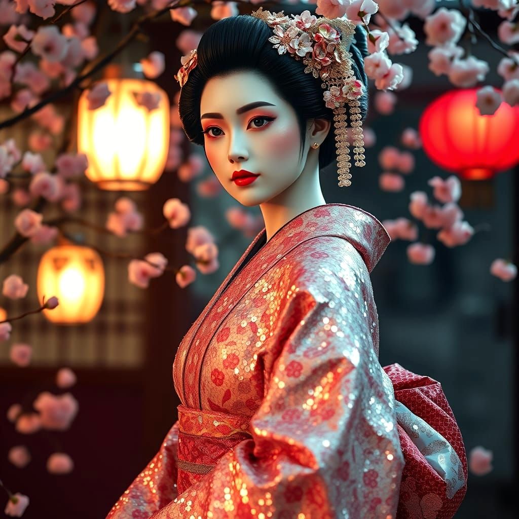 Delicate Geisha Figure in Sequins