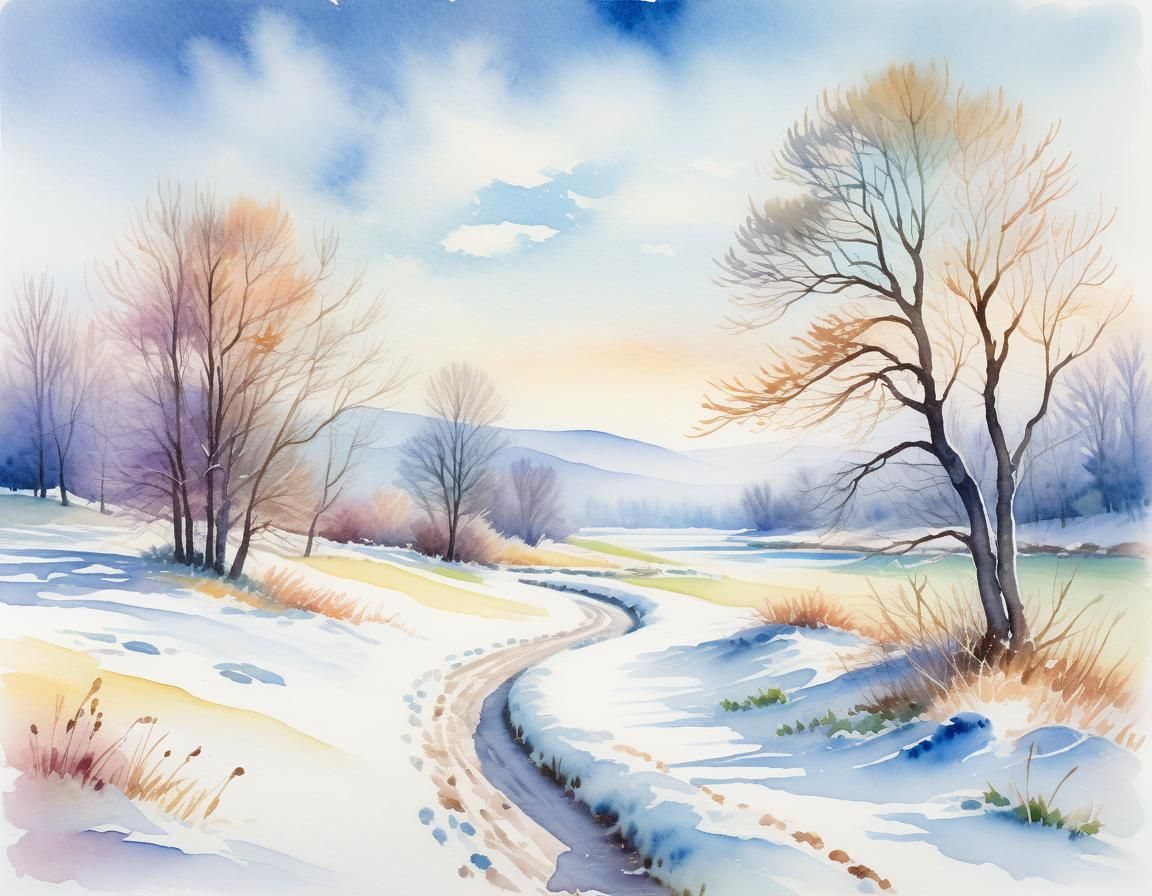 Serene Winter Landscape: Impressionist Watercolor Painting