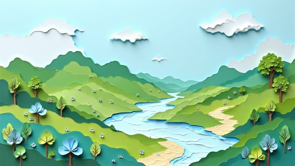 A serene landscape of rolling hills and a winding river via ...