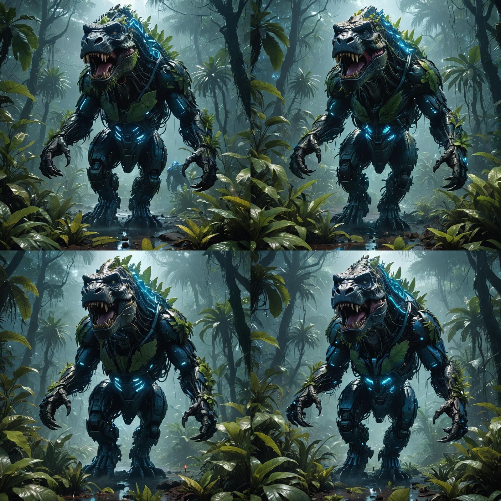 T-Rex-Gorilla Hybrid in Misty Jungle: Digital Art