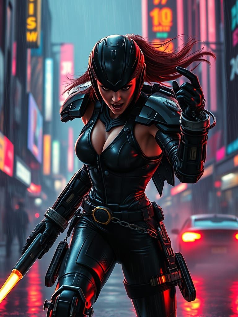 Cyborg Warrior Charging in Neon Cyberpunk Cityscape