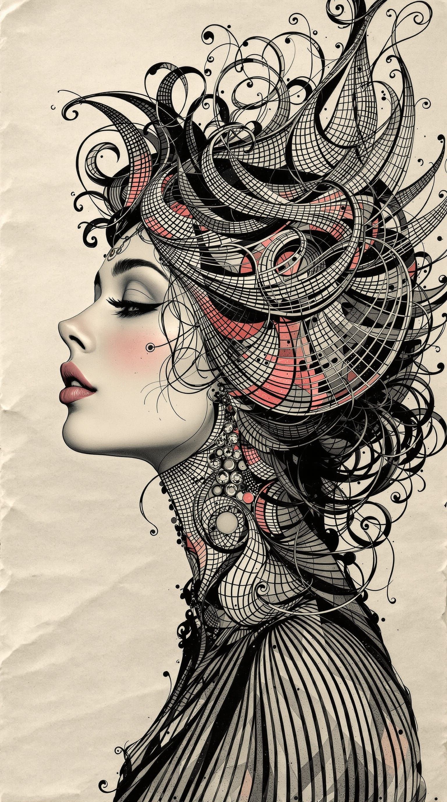 Fairy Woman Portrait in Linocut Charcoal and Ink-Wash