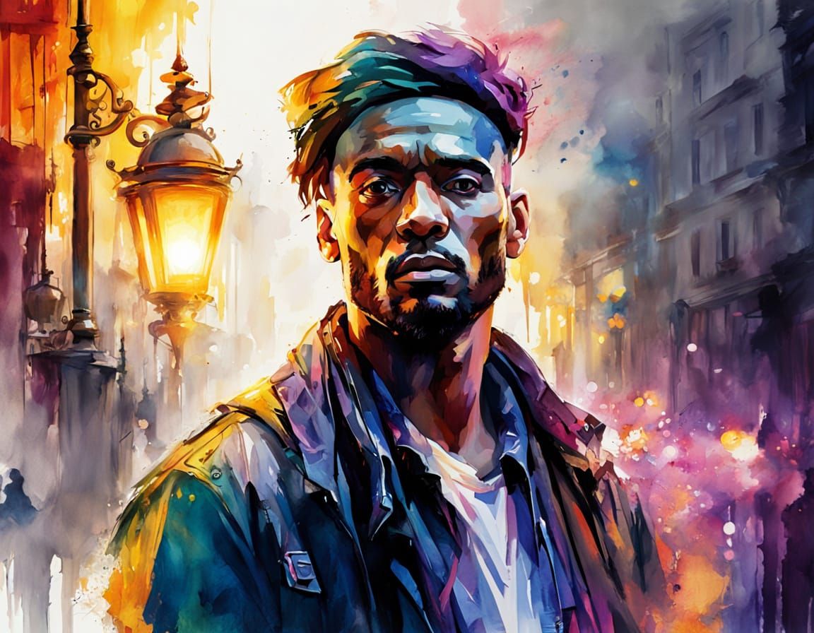 Mysterious Figure in Streetlight: Expressive Watercolor Art