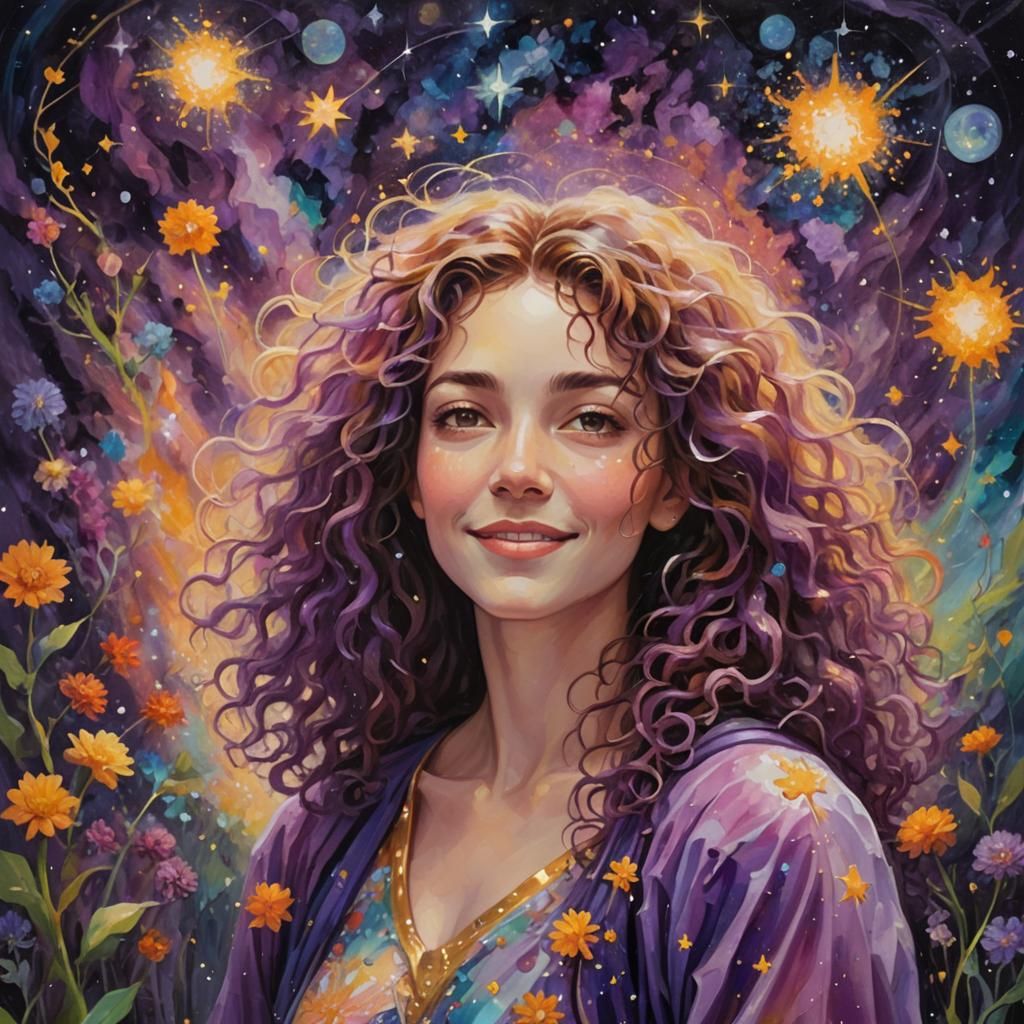 Celestial Gemini Woman in Vibrant Oil Painting