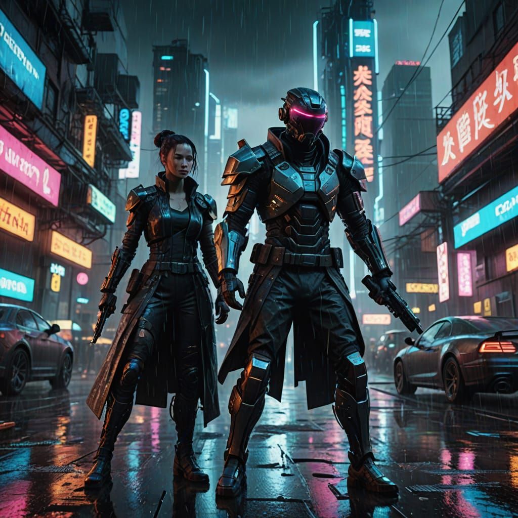Cyberpunk Duel on a Rain-Soaked Rooftop