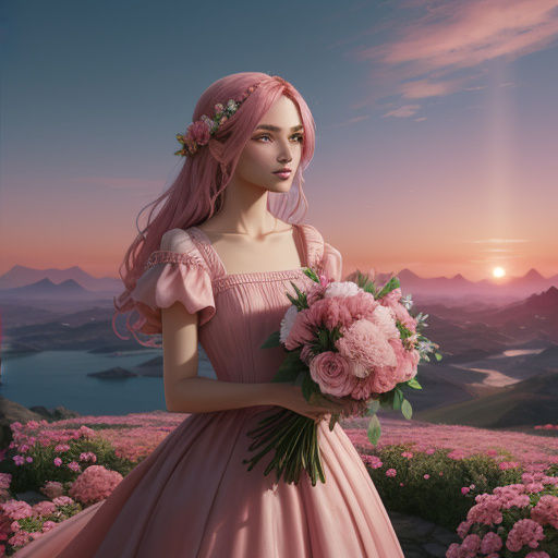 Woman with Pink Flowers at Sunset: Fantasy Art