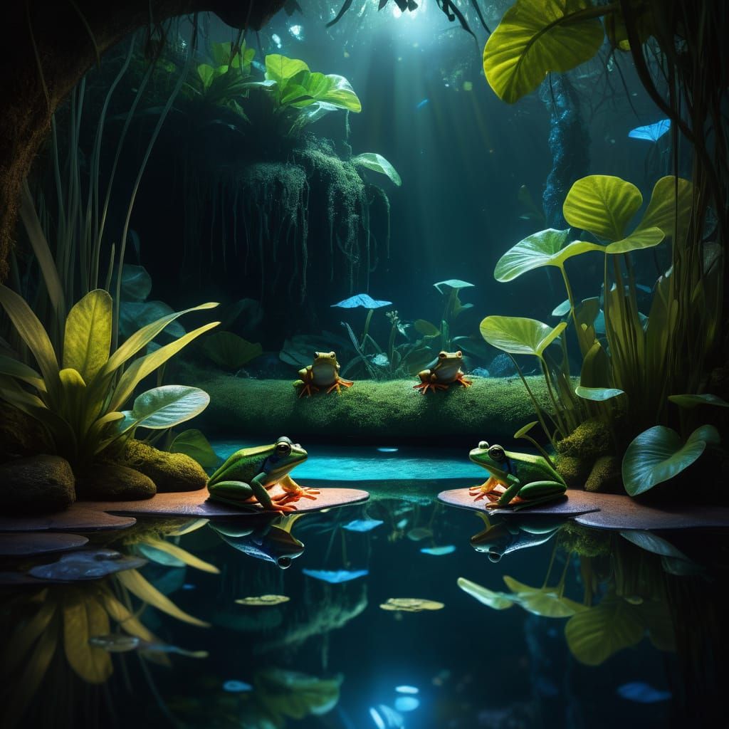 Frogs by Bioluminescent Jungle Pool in Digital Matte Paintin...