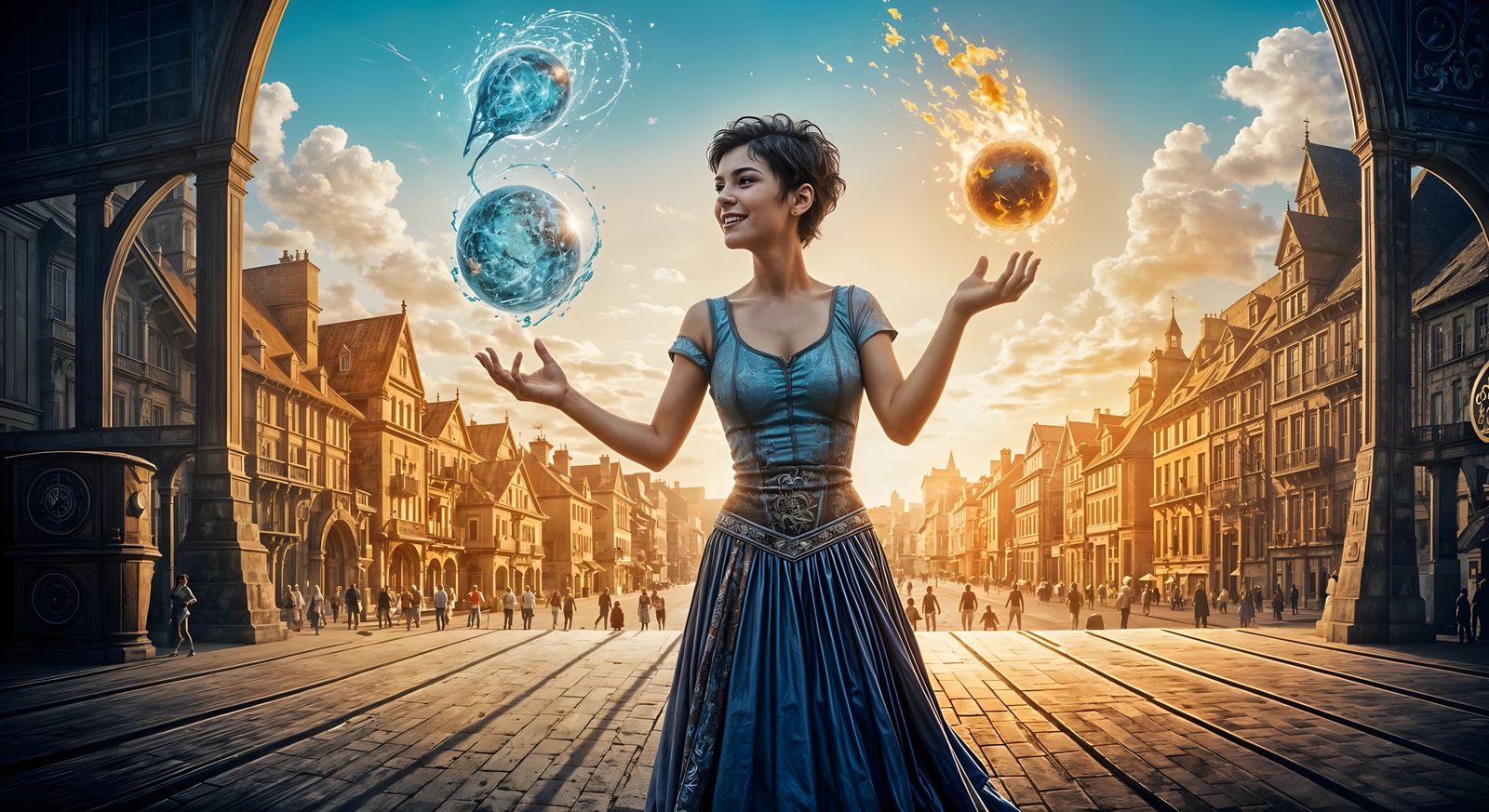 Acrobat Girl Juggling Elements in Sunlit Square