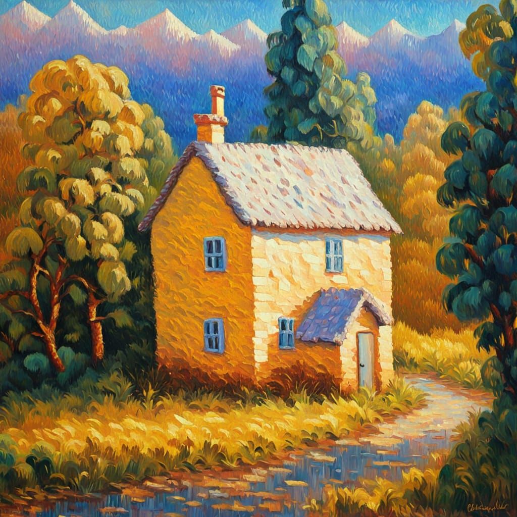 Neo-Impressionist Paper House in Golden Light
