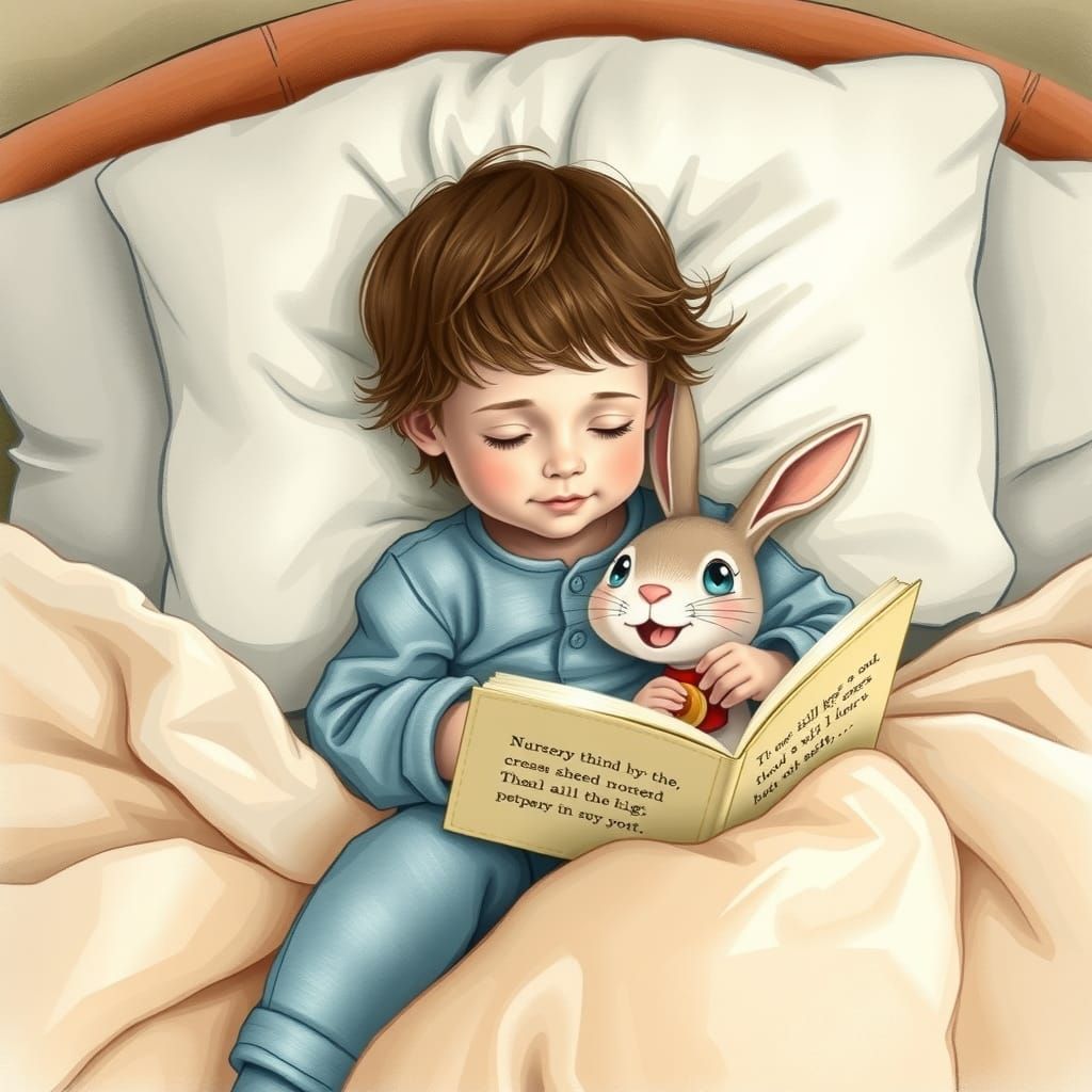 Child Reading with Mischievous Bunny, Folkloric Style