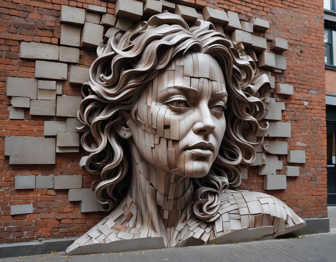 Giant Woman Portrait Sculpture in City Street