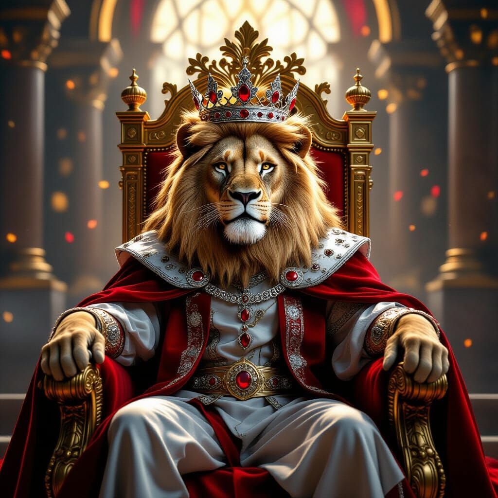 Regal Lion King on Golden Throne in Dramatic Lighting