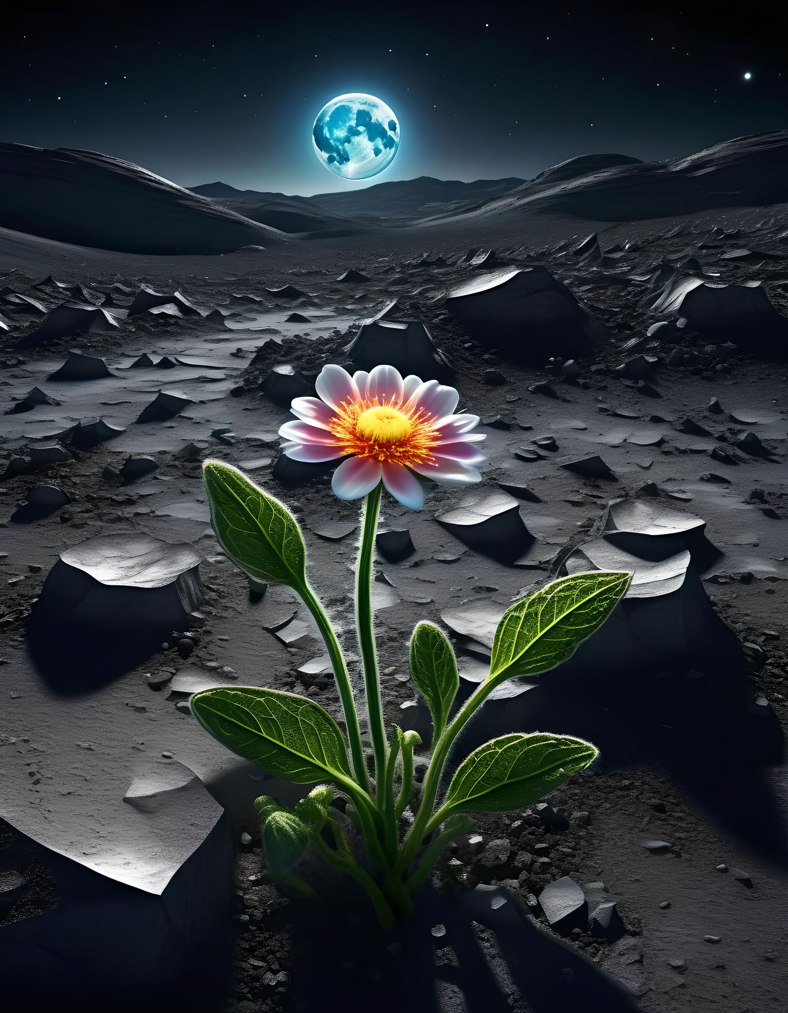 Fractoluminescent Flower Blooms on Lunar Landscape