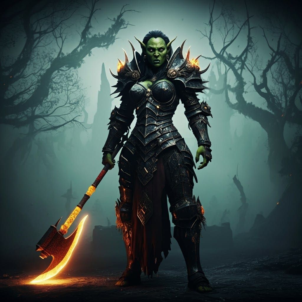 Half-Orc Warrior with Glowing Axe in Mystical Realm