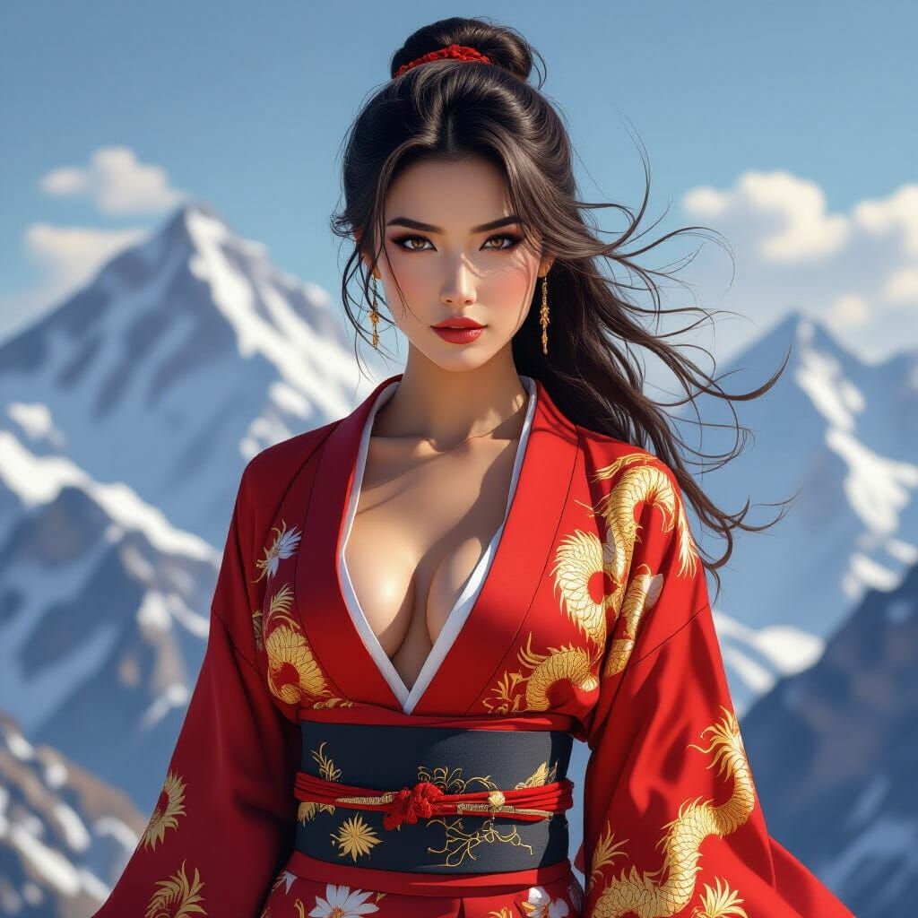 Fierce Beauty: Woman in Dragon Kimono on Mountain Peak