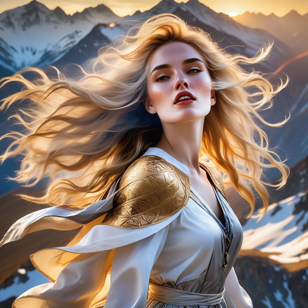 Golden Woman Above Mountain in Hyperrealistic Style