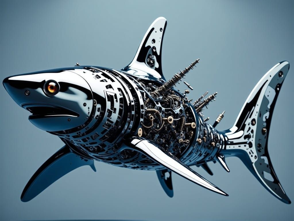 Cybernetic Shark in a Futuristic Underwater Scene