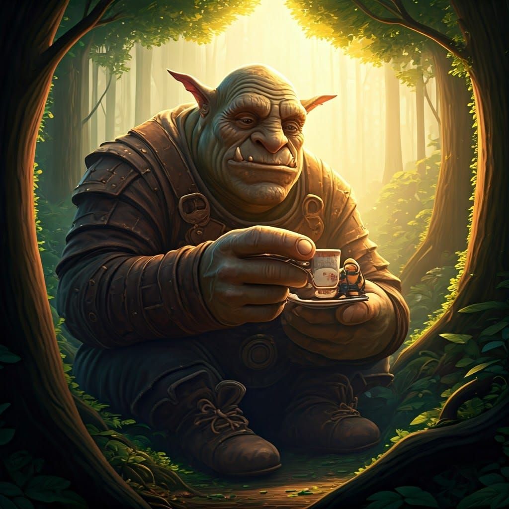 Ogre and Minion Tea Party: Steampunk Fantasy Art