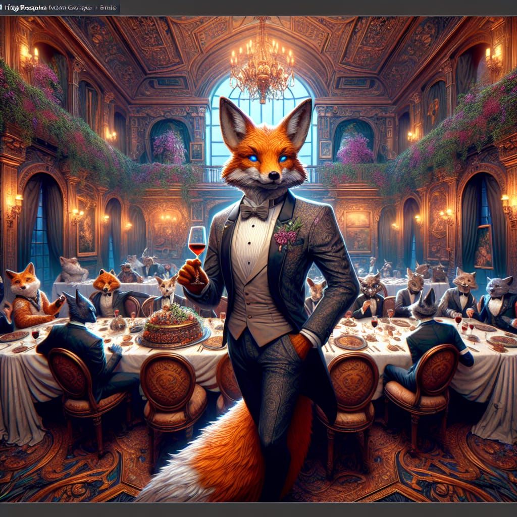 Stylish Fox in Tuxedo at Grand Dinner Party