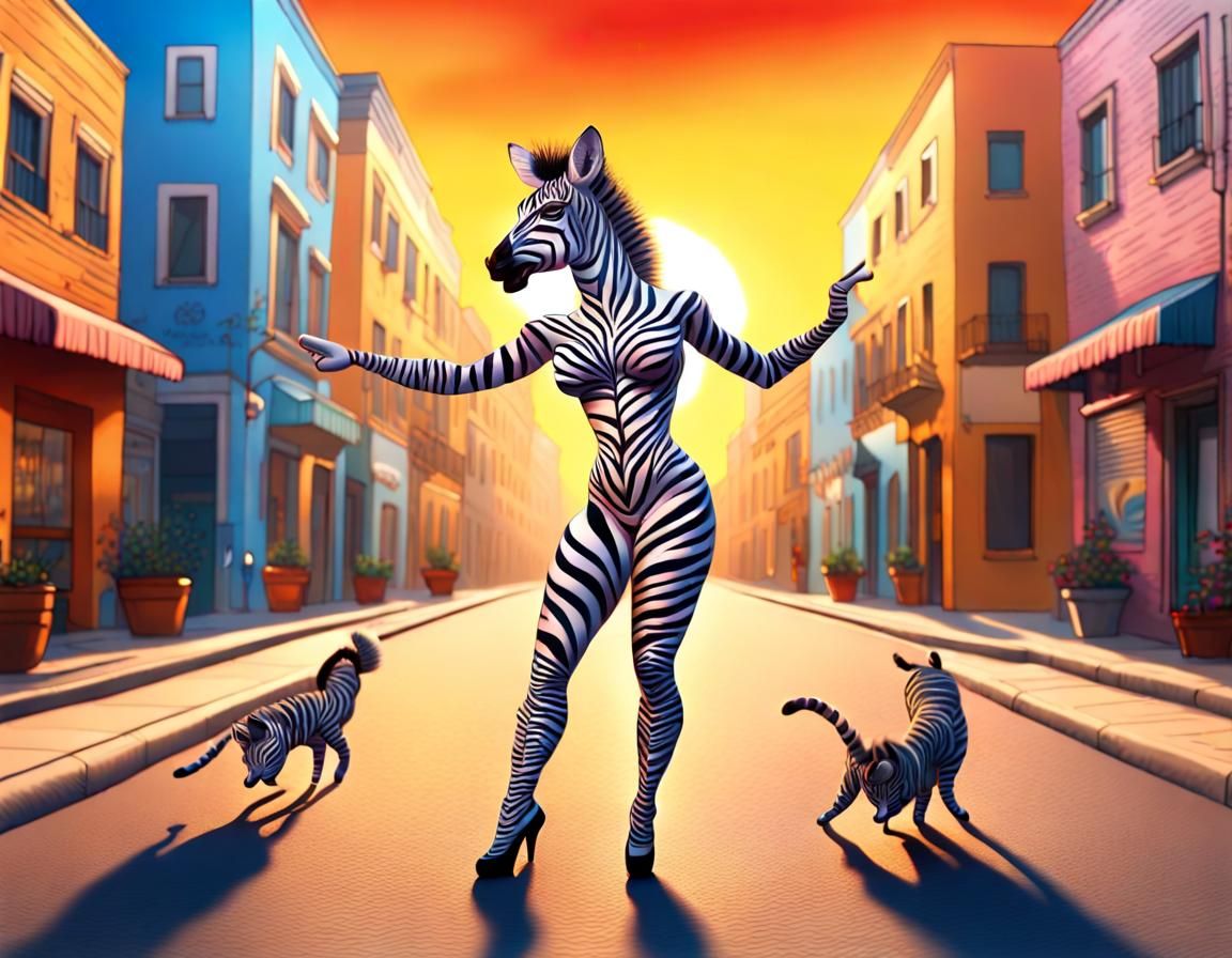 Zebra Woman Dancing with Cats in Surreal Sunrise