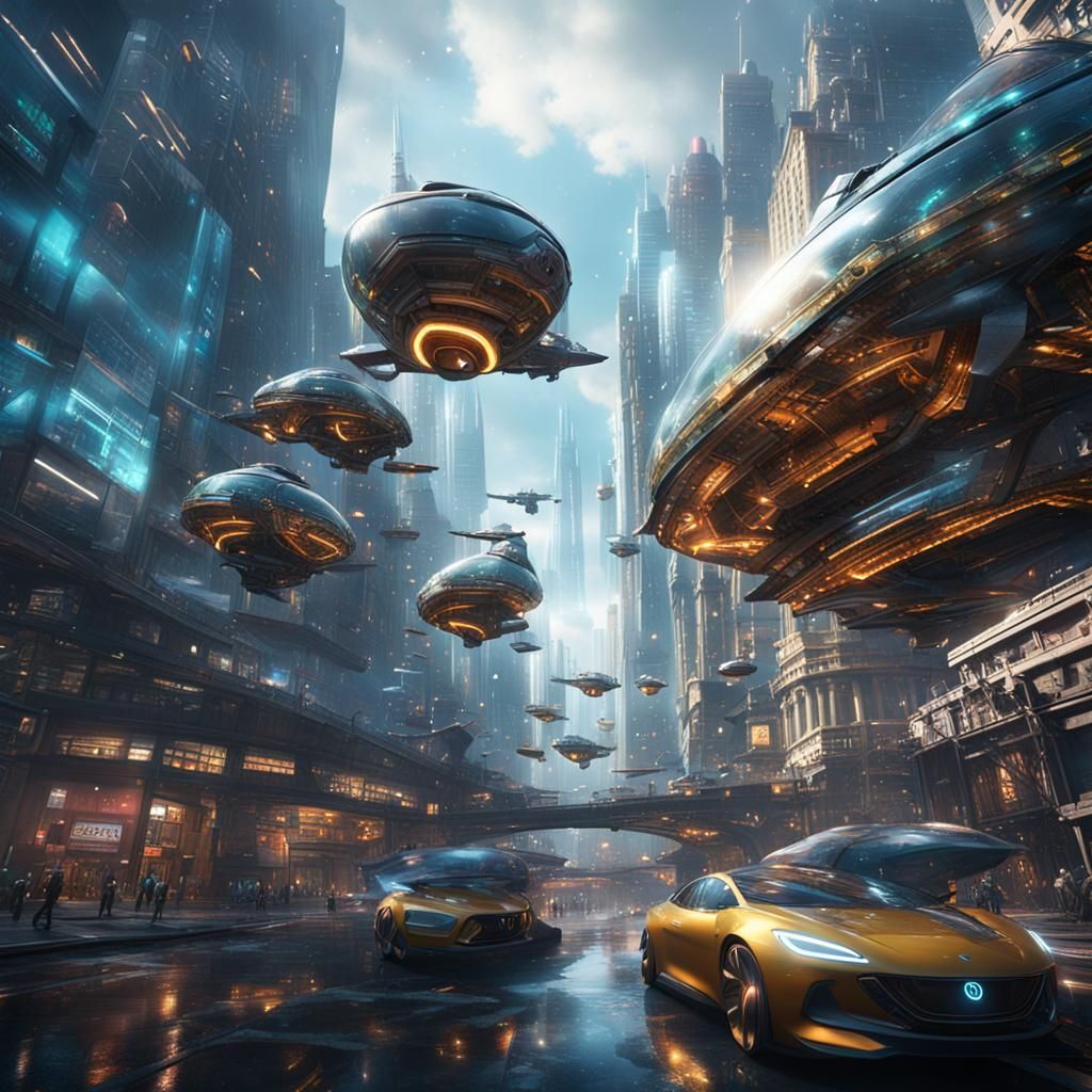 Futuristic Cityscape with Flying Cars in Detailed Matte Pain...