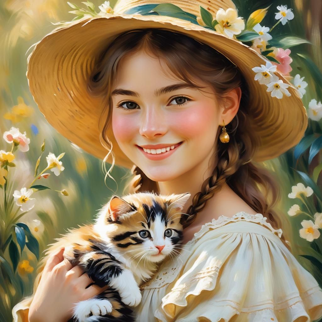 Girl with Kitten: Impressionist Oil Painting Portrait