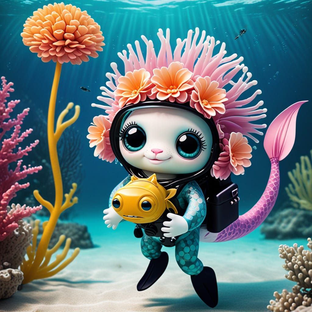 Whimsical Floral Explorer Searches for Mythical Mermaids Und...