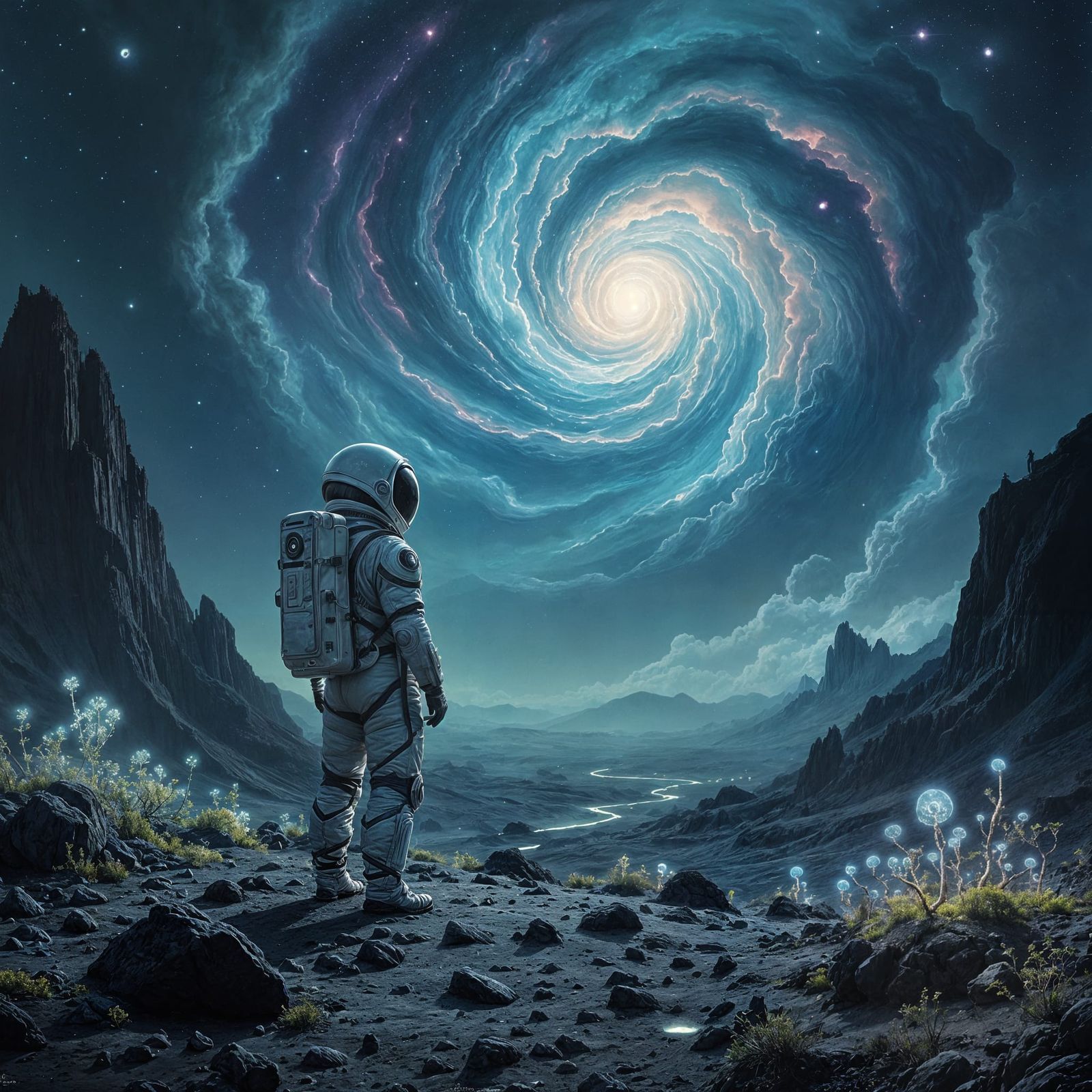 Astronaut Gazing at Nebula in Cosmic Surrealism Style