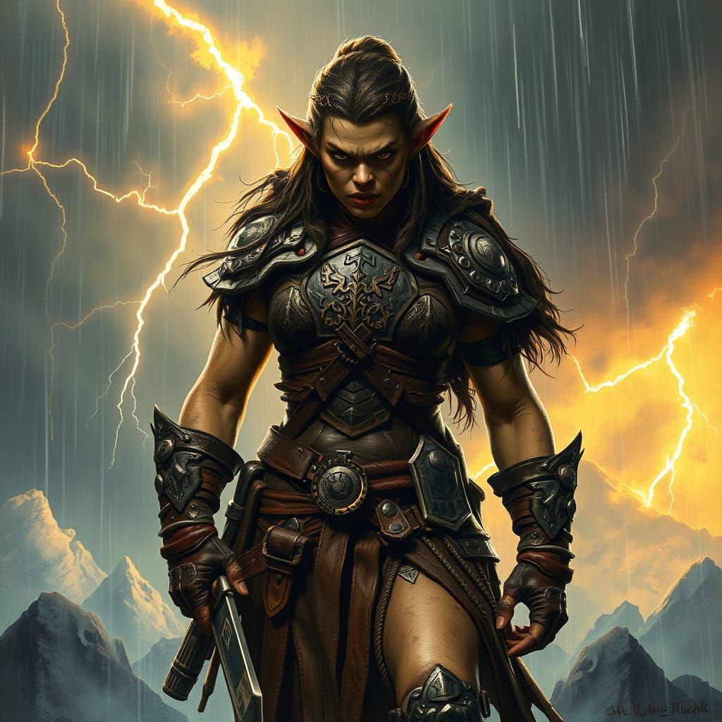 Orc Warrior in Storm with Dramatic Lighting