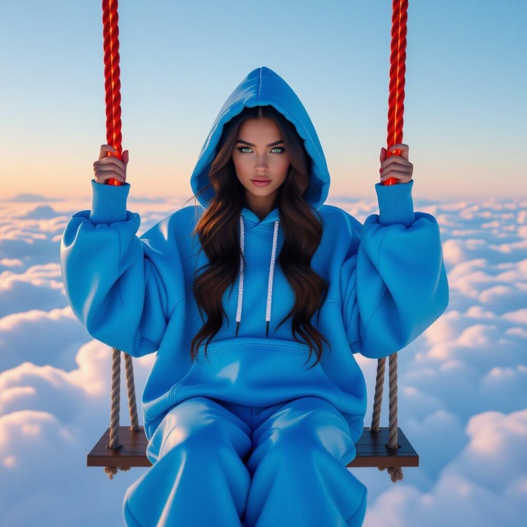 Woman on Cloud Swing in Sculptural Blue Hoodie