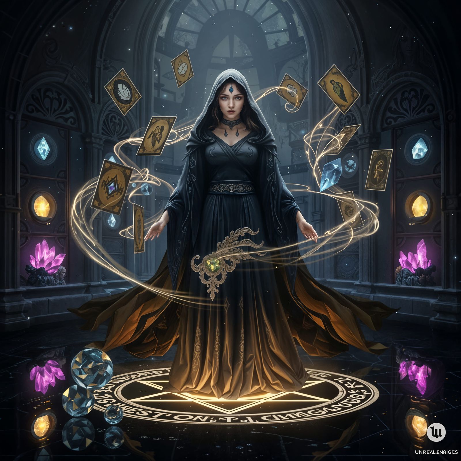 Mystical High Priestess in Chamber with Tarot Cards
