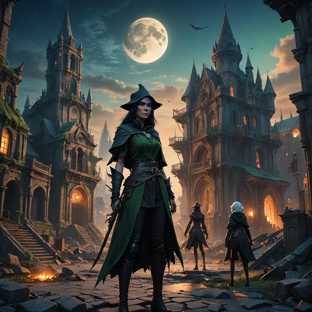 Enchanting Witch and Elf in Ruined City