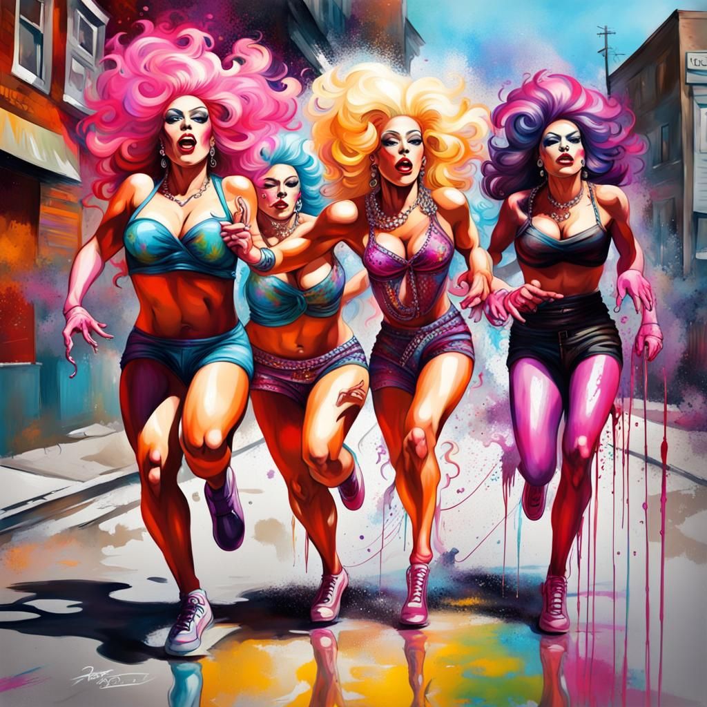 Drag Queens Foot Race in Graffiti Splash Art Style