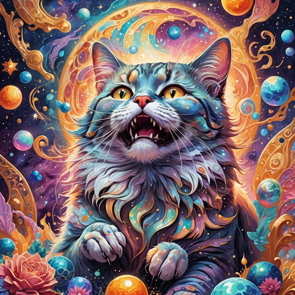 Dreamlike Cosmic Cat Portrait in Mixed Media Style