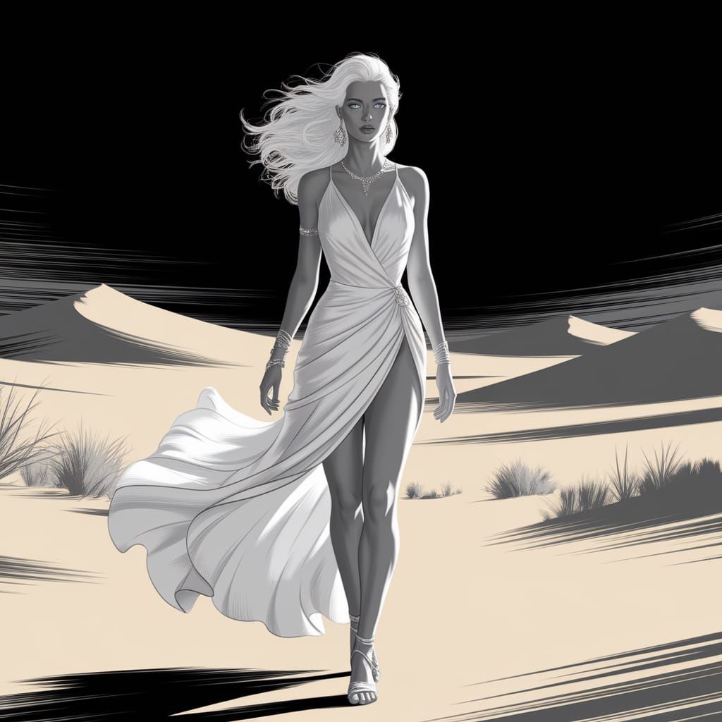 Elegant Desert Goddess in Black and White Sketch Style