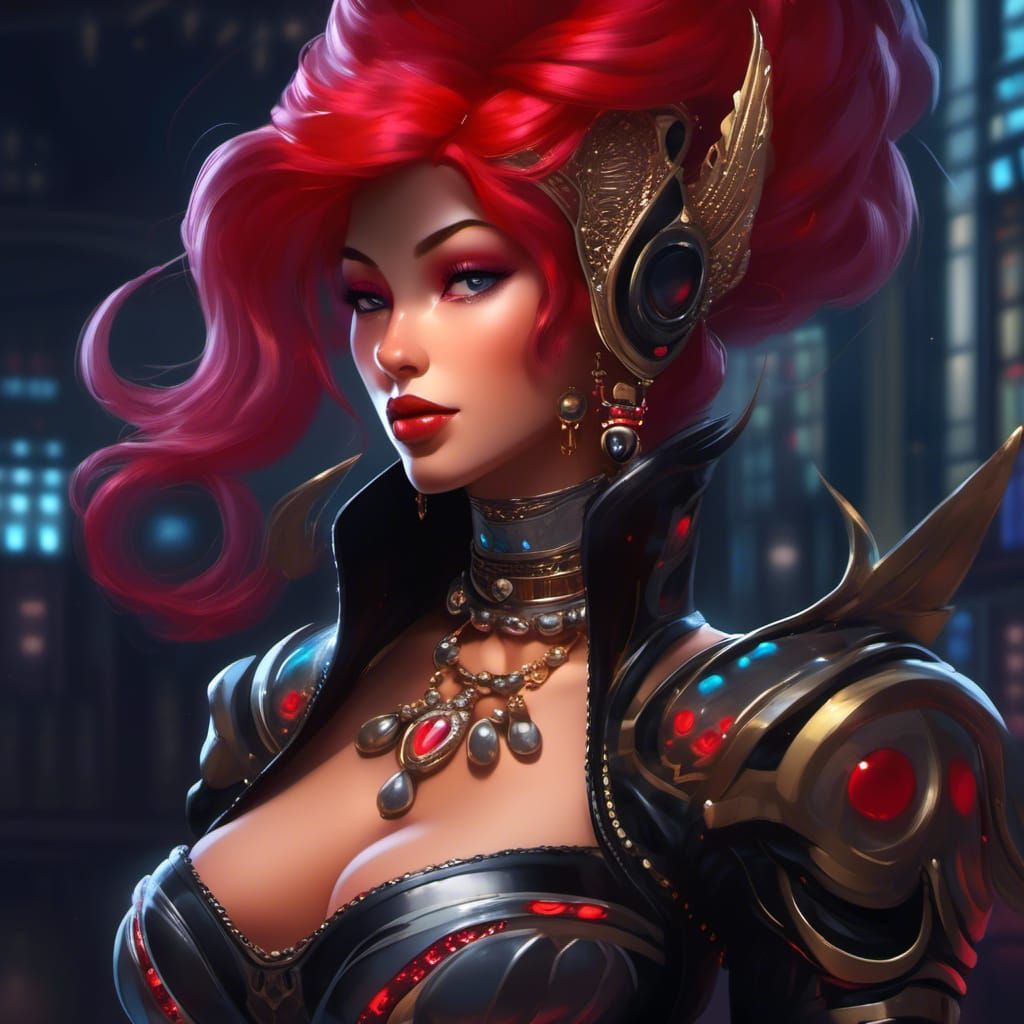 Muscular Red Alien Woman in Cel-Shaded Anime Style