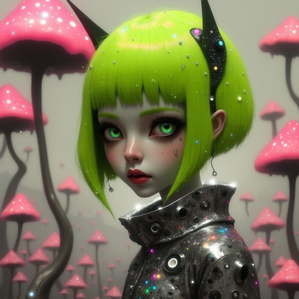 Cyberpunk Goddess Among the Neon Toadstools