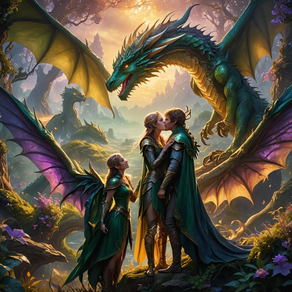 Elves Kissing in Dragon Landscape: Fantasy Matte Painting