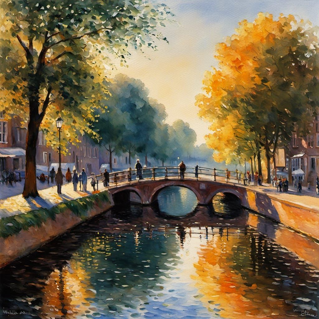 Impressionist Amsterdam Scene with Hausboot and Bicycle