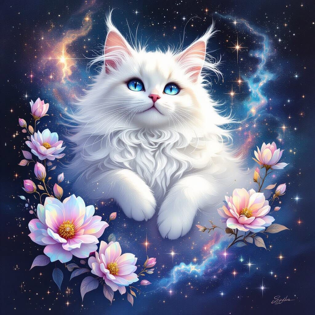 A majestic, fluffy white cat deity floats serenely among the...