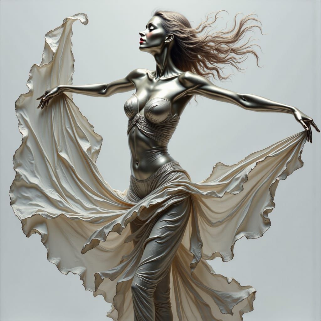 Silver Sculpture Portrait of a Dancer in Flowing Fabrics