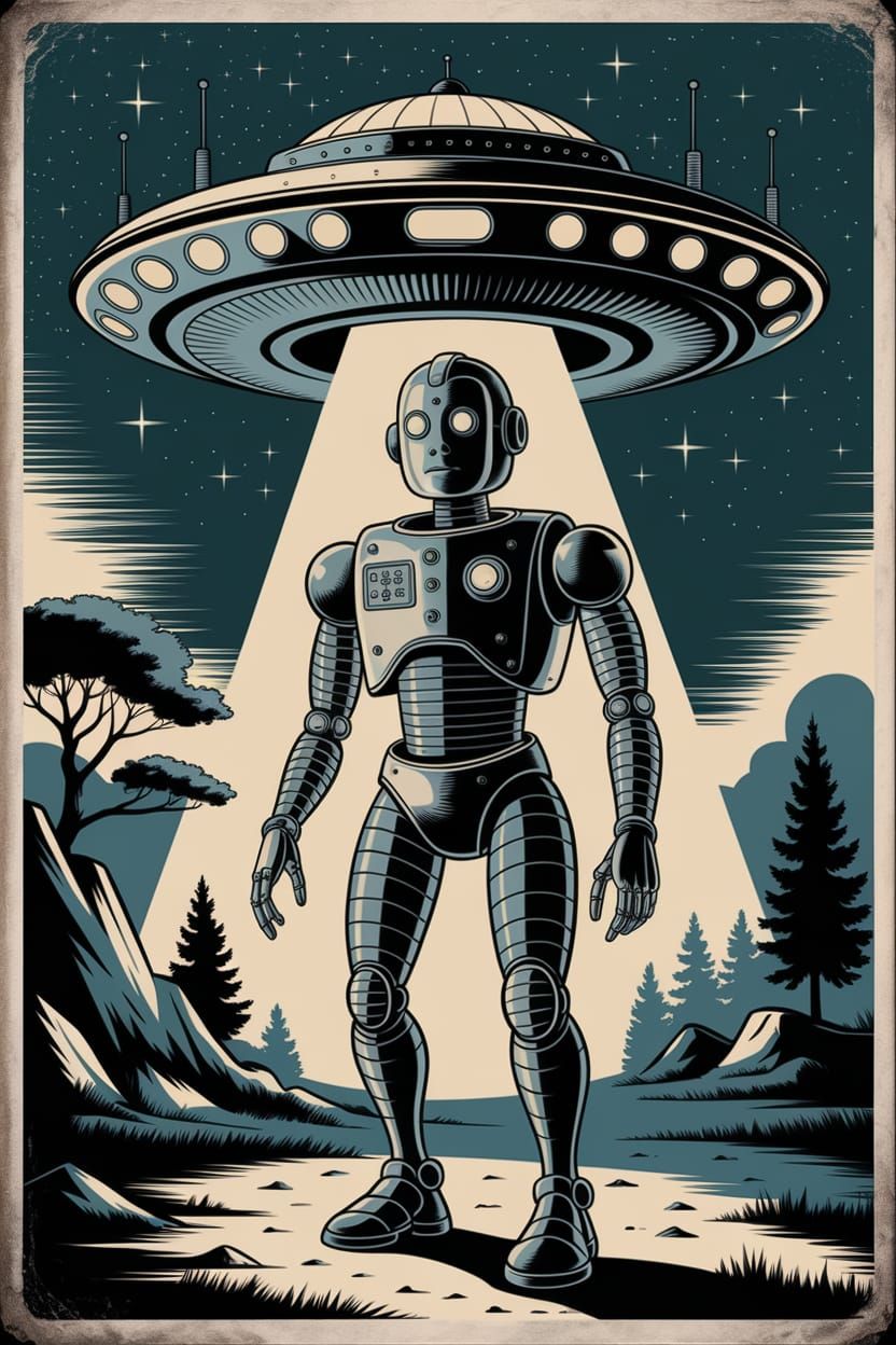 Retro-Futuristic Robot Amidst Cosmic Landscape
