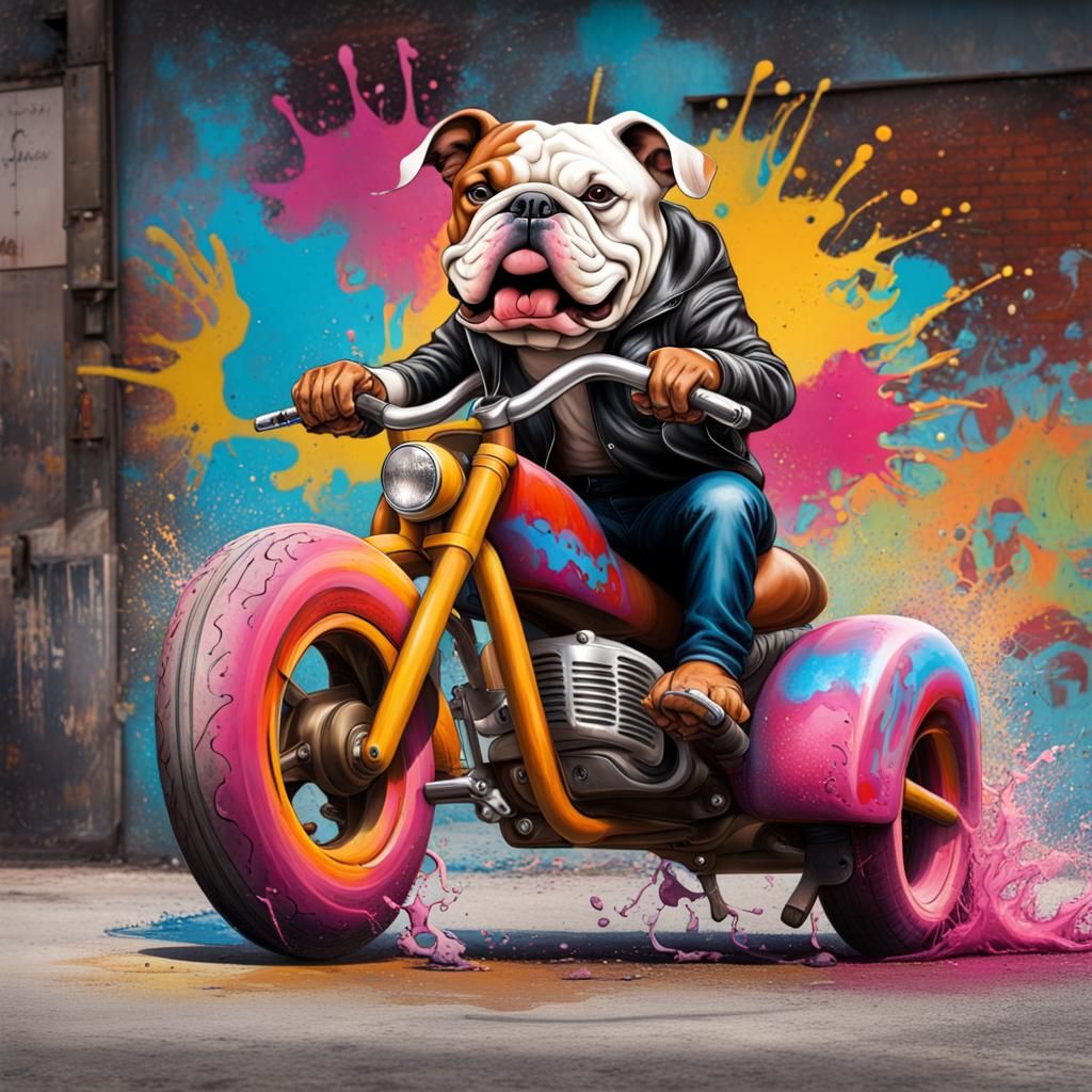 Bulldog Biker in Graffiti Street Art Style