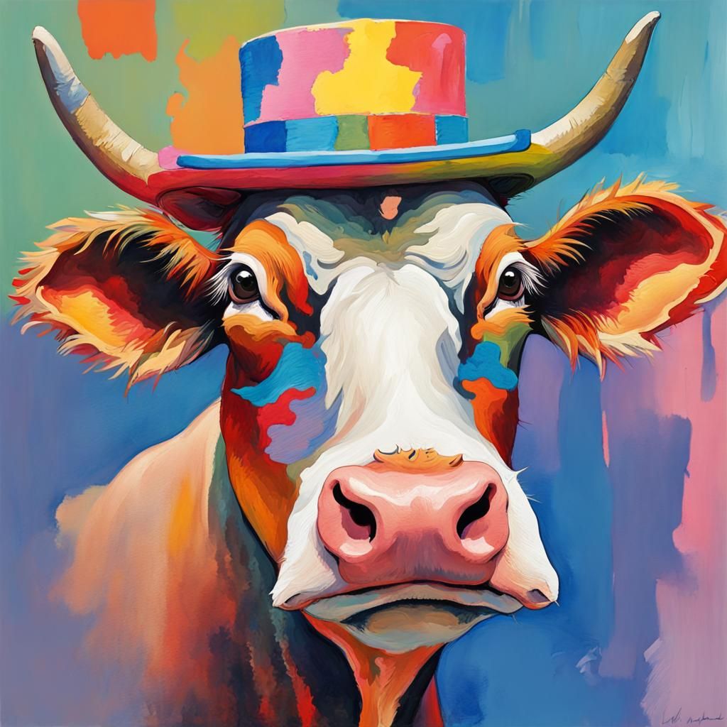 Psychedelic Cow in Gouache Style With Silly Hat